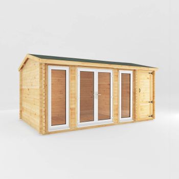 5.1 x 3 m Home Office Studio Log Cabin with Side Shed - 44 mm - White UPVC Windows and Door - L313.3 x W515.5 x H259.5 cm