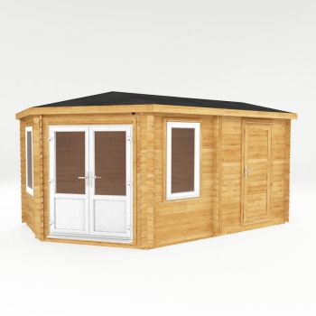 5 x 3 m Corner Lodge Plus Log Cabin with Side Shed, White UPVC Windows & Doors - 44 mm Timber - L317.1 x W510 x H274.4 cm - Brown