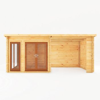 6 x 3 m Studio Pent Log Cabin with Patio Area with Oak UPVC Windows and Doors - 44 mm Timber - L333.5 x W591.1 x H249.4 cm - Brown