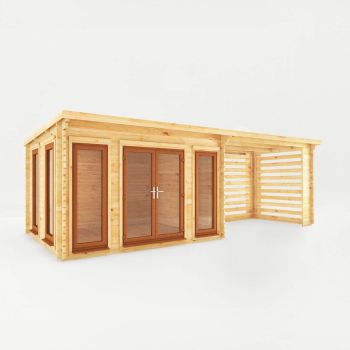 7 x 3 m Studio Pent Log Cabin with Slatted Area - 44 mm - Oak UPVC Windows and Door - Wood/Glass - L333.5 x W691.5 x H249.4 cm