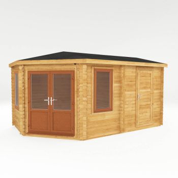 5 x 3 m Corner Lodge Plus Log Cabin with Side Shed, Oak UPVC Windows and Doors - 44 mm Timber - L317.1 x W510 x H274.4 cm - Brown