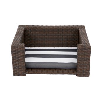  Wicker Pet Rattan Bed with cushions, Water Resistant - Espresso/ Blue stripes cushion - 70 x 31 x 31 cm