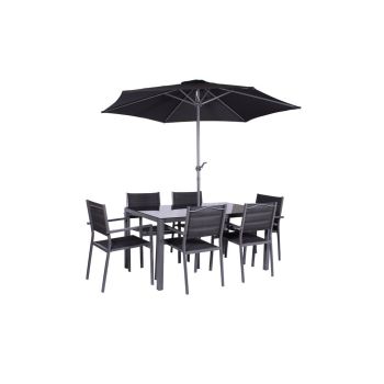 Sorrento 6 Seater Set including Parasol - Aluminium & Textylene - H70 x W150 x L90 cm - Black