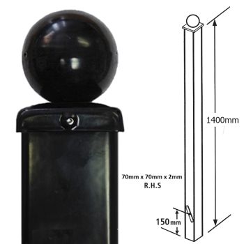 Square Ball Top Concrete-In Blank Post, Any Double Gates - Solid Steel - L70 x W70 x H1400 mm - Electro Galv./Black Powder Coated