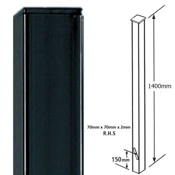 Square Flat Top Concrete-In Blank Post, Any Double Gates - Solid Steel - L70 x W70 x H1400 mm - Electro Galv./Black Powder Coated