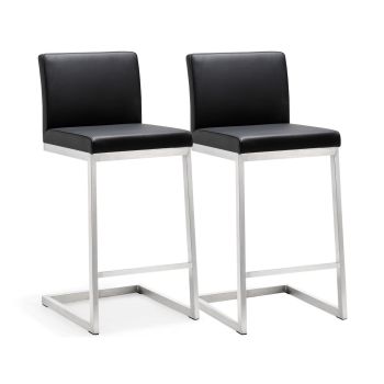 Parma Counter Stool - Set of 2 - Stainless Steel/Vegan Leather - L50.8 x W40 x H91.9 cm - Black
