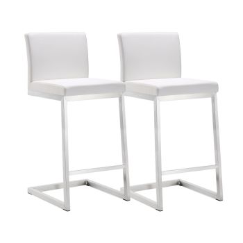 Parma Counter Stool - Set of 2 - Stainless Steel/Vegan Leather - L50.8 x W40 x H91.9 cm - White