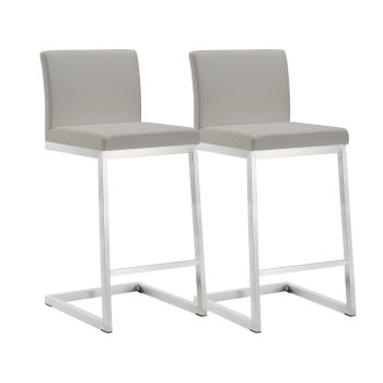 Parma Counter Stool - Set of 2 - Stainless Steel/Vegan Leather - L50.8 x W40 x H91.9 cm - Light Grey