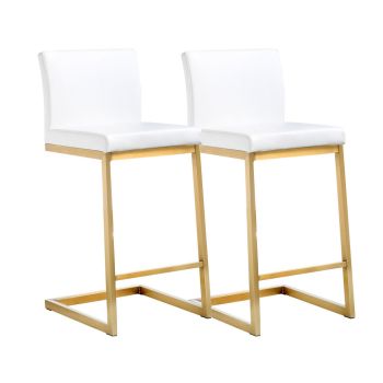 Parma Counter Stool - Set of 2 - Stainless Steel/Vegan Leather - L50.8 x W40 x H91.9 cm - White/Gold