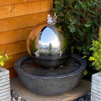 Tranquility Sphere & Resin Base Main Powered - Garden Water Feature. Outdoor Garden Ornament