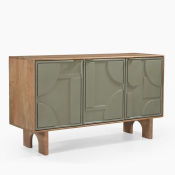 Pixel Three Door Cabinet - Mango Wood/MDF - L145 x W45 x H80 cm - Sage Green/Walnut