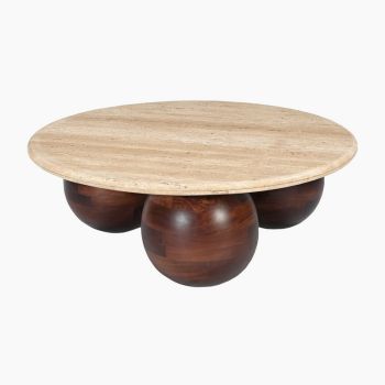 Chloe Travertine Top Coffee Table - Acacia Wood - L100 x W100 x H36 cm - Beige/Brown