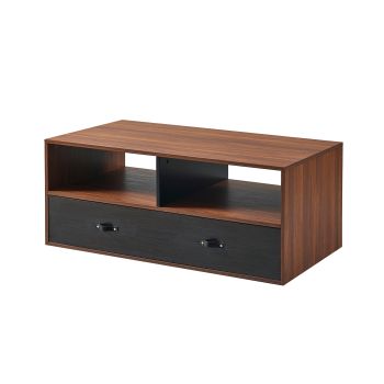  Henry Modern Wooden Coffee Table with Storage and Faux Leather Drawer Pulls - Walnut / Black - 107 x 46 x 46 cm