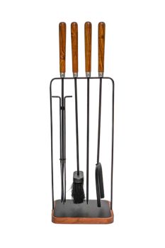 Wooden Handle Square Fireside Companion Set - Iron - L18 x W24 x H73 cm - Brown