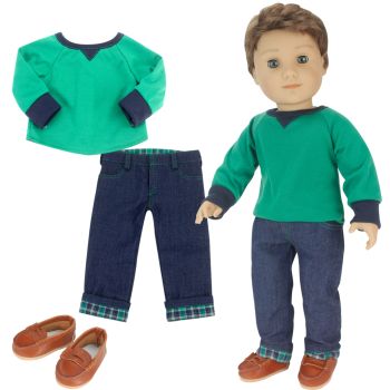 Sophia's 18" Doll Shirt, Flannel Cuffed Jeans & Brown Penny Loafers - Navy/Green - 23 x 20 x 1 cm