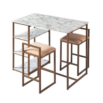  Marmo Breakfast Table Dining Set with Faux Marble Top - Brass Finish / Faux Marble Shelf - 107 x 91 x 91 cm