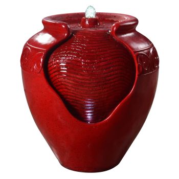  Outdoor Red Glazed Pot Floor fountain water feature w/ LED Light - Red - 39 x 43 x 43 cm