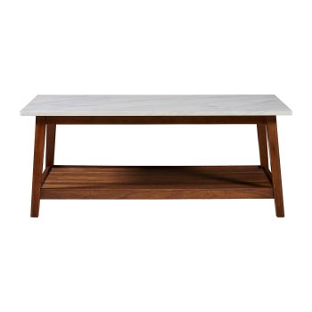  Kingston Wooden Coffee Table with Storage and MarbleLook Top - Faux Marble / Walnut - 107 x 43 x 43 cm