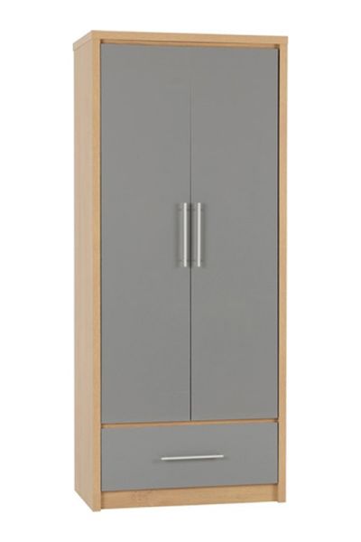 Seville 2 Door 1 Drawer Wardrobe - L47 x W76 x H180 cm - Grey High Gloss/Light Oak Effect Veneer