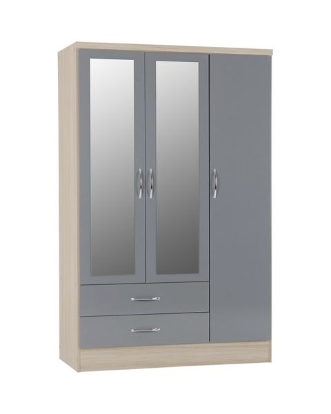 Nevada 3 Door 2 Drawer Mirrored Wardrobe - L52 x W116 x H182.5 cm - Grey Gloss/Light Oak Effect Veneer