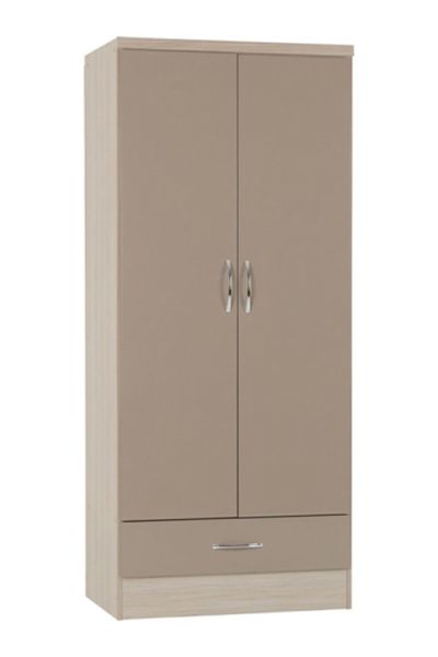 Nevada 2 Door 1 Drawer Wardrobe - L52 x W78 x H182.5 cm - Oyster Gloss/Light Oak Effect Veneer