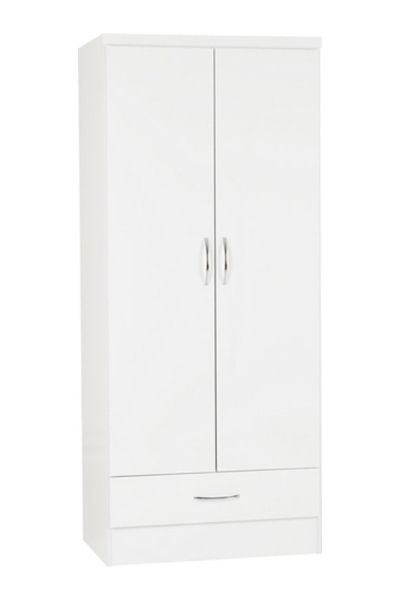 Nevada 2 Door 1 Drawer Wardrobe - L52 x W78 x H182.5 cm - White Gloss