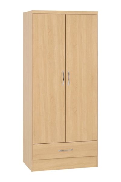 Nevada 2 Door 1 Drawer Wardrobe - L52 x W78 x H182.5 cm - Sonoma Oak Effect