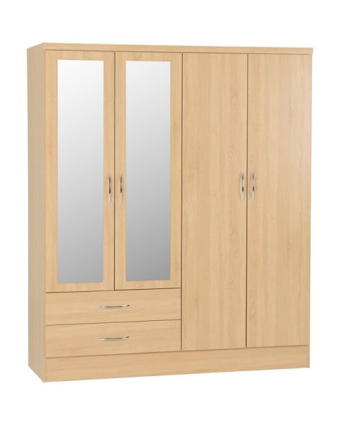 Nevada 4 Door 2 Drawer Mirrored Wardrobe - L52 x W154 x H182.5 cm - Sonoma Oak Effect