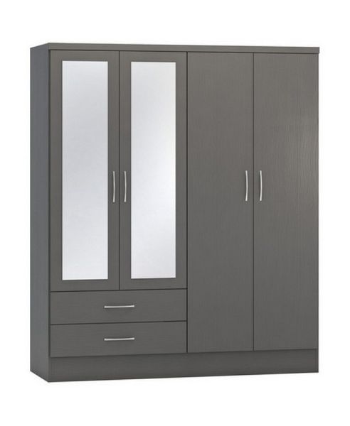Nevada 4 Door 2 Drawer Mirrored Wardrobe - L52 x W154 x H182.5 cm - 3D Effect Grey