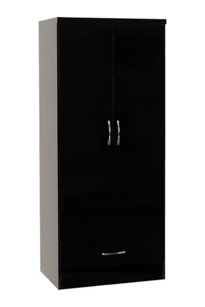 Nevada 2 Door 1 Drawer Wardrobe - L52 x W78 x H182.5 cm - Black Gloss