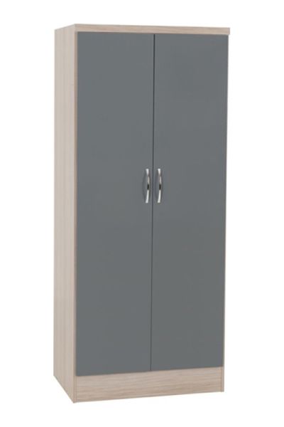 Nevada 2 Door All Hanging Wardrobe - L52 x W78 x H182.5 cm - Grey Gloss/Light Oak Effect Veneer