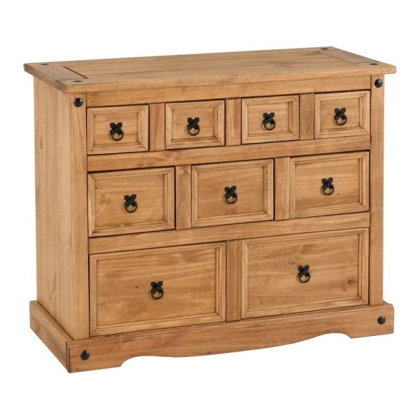 Corona 4+3+2 Drawer Merchant Chest - L45.5 x W101 x H82.5 cm - Distressed Waxed Pine