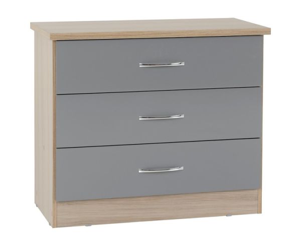 Nevada 3 Drawer Chest - L40 x W81 x H70.5 cm - Grey Gloss/Light Oak Effect Veneer