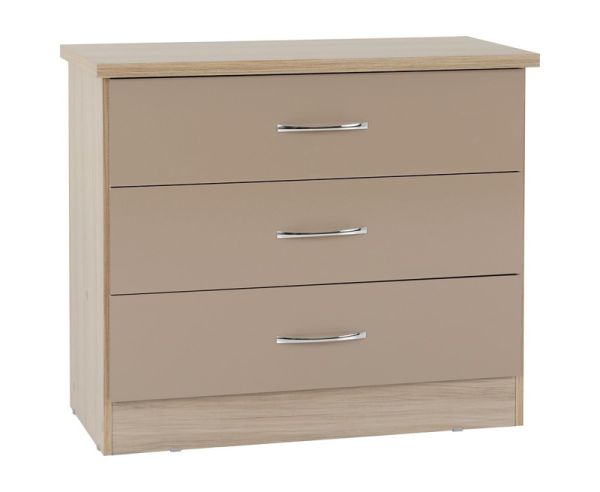 Nevada 3 Drawer Chest - L40 x W81 x H70.5 cm - Oyster Gloss/Light Oak Effect Veneer