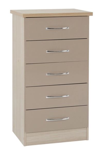 Nevada 5 Drawer Narrow Chest - L40 x W50 x H93 cm - Oyster Gloss/Light Oak Effect Veneer