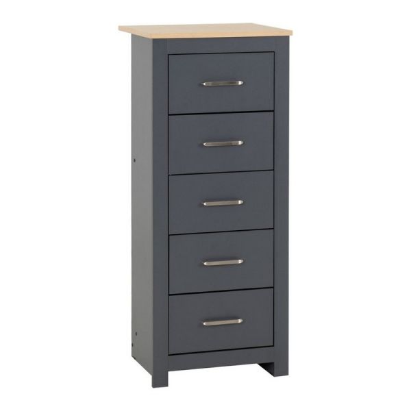 Portland 5 Drawer Narrow Chest - L40 x W48 x H114 cm - Grey/Oak Effect