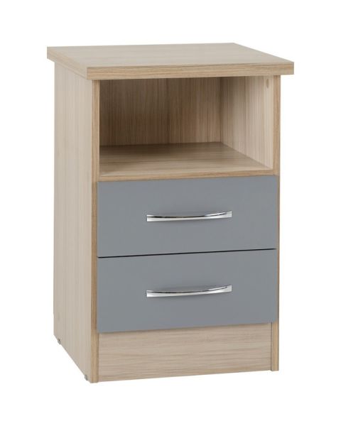 Nevada 2 Drawer Bedside - L40 x W40 x H61 cm - Grey Gloss/Light Oak Effect Veneer