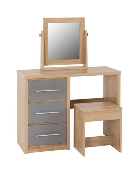 Seville 3 Drawer Dressing Table Set - Grey High Gloss/Light Oak Effect Veneer