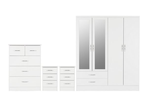 Nevada 4 Door 2 Drawer Mirrored Wardrobe Bedroom Set - White Gloss
