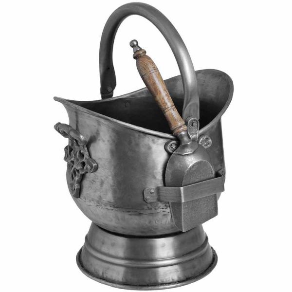 Antique Pewter Coal Bucket with Shovel - Steel/Wood - L28 x W30 x H44 cm - Brown/Silver