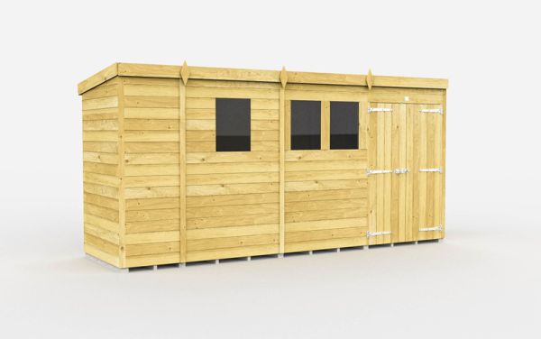 13 x 4 Feet Pent Shed - Double Door With Windows - Wood - L118 x W387 x H201 cm