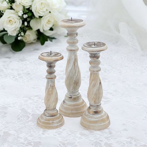 Marble Effect Candlesticks (Set of 3) - Wood