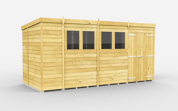 14 x 6 Feet Pent Shed - Double Door With Windows - Wood - L178 x W417 x H201 cm