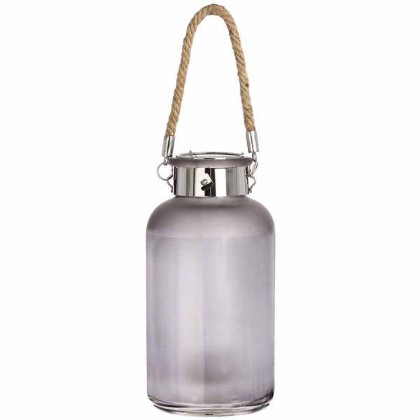 Lantern with Rope Detail and LED - Frosted Glass/Rope - L10 x W10 x H20 cm - Grey