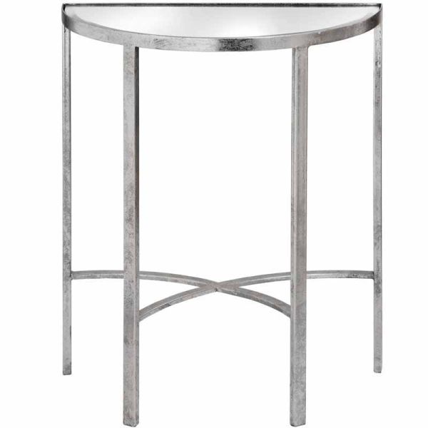 Mirrored Silver Half Moon Table With Cross Detail - L30 x W74 x H60 cm