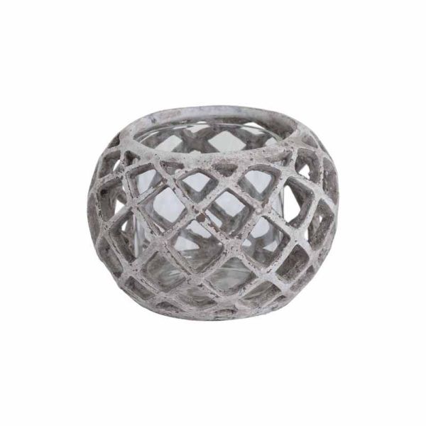 Large Round Lattice Hurricane Lantern - Ceramic - L20 x W20 x H13 cm - Stone