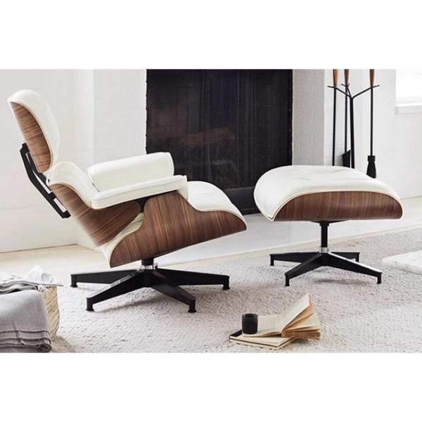 Eames Replica Chair with Stool - Leather - L70 x W64 x H105 cm - Cream