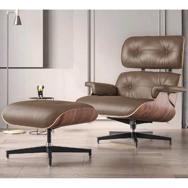 Eames Replica Chair with Stool - Leather - L70 x W64 x H105 cm - Brown