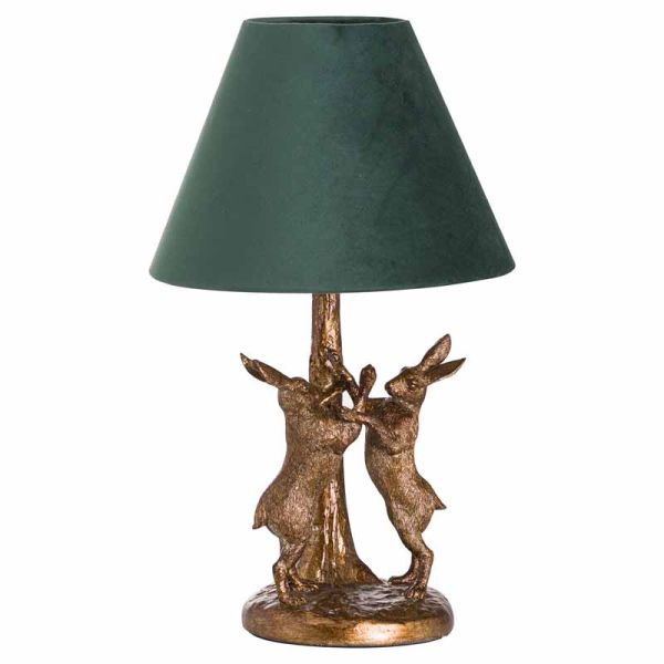 Marching Hares Lamp with Green Velvet Shade - Resin - L28 x W28 x H48 cm - Antique Gold