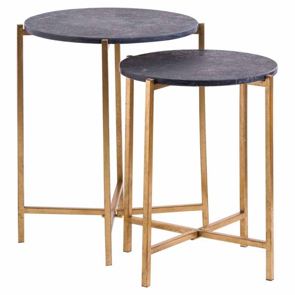 Set of 2 Marble Tables - Metal/Stone - L50 x W50 x H61 cm - Black/Gold